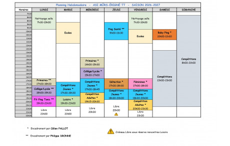 Planning entrainement saison 2026-2027